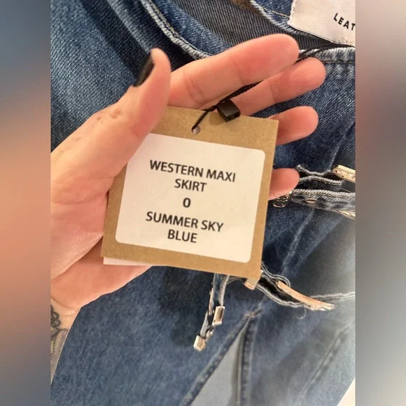 New Understated Leather Western Maxi Skirt in Summer Sky Blue denim split hem - Picture 6 of 6